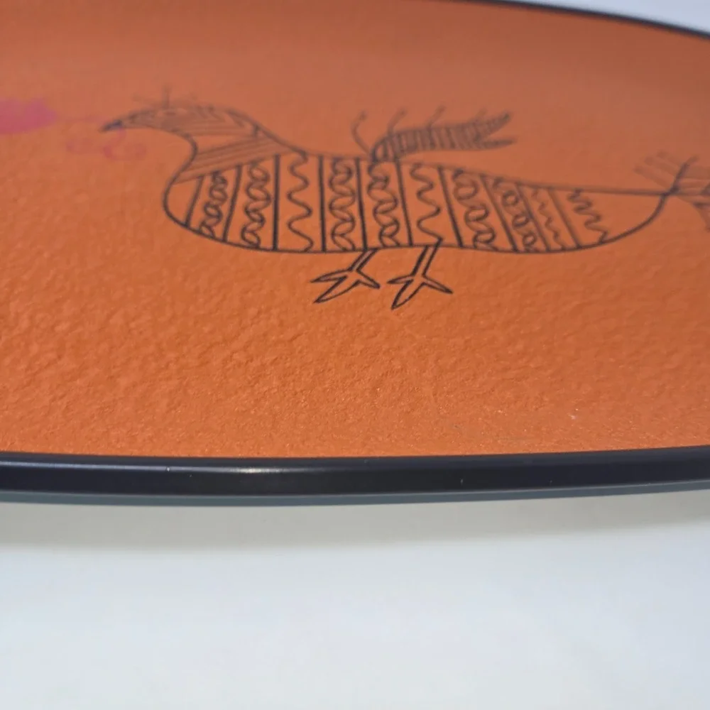 Tilso Serving Tray Fiberboard Orange Black Bird Rattan Wrapped Handles 18.5